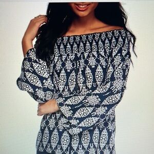 Society Girl Tunic Top Off the Shoulder Blue Batik Print Shirt Blouse Size Small